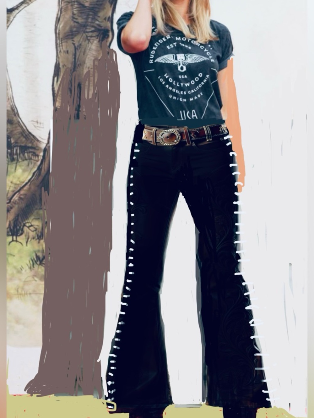 AKIRA vegan Flared Jeans with White Lace-Up Side Trim